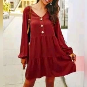 Burgandy V-neck Button Smock Dress in Size Small